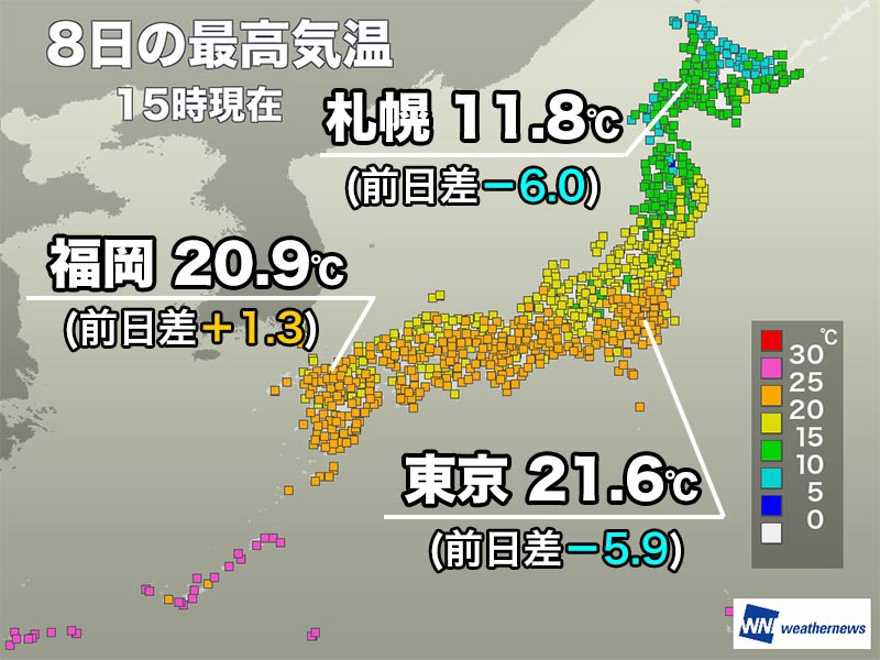 季節外れの陽気が収まり本州で夏日地点なし　明日は日本海側でフェーン現象発生