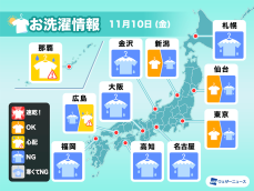 11月10日(金)の洗濯天気予報　東日本も午後は雨で外干しNG