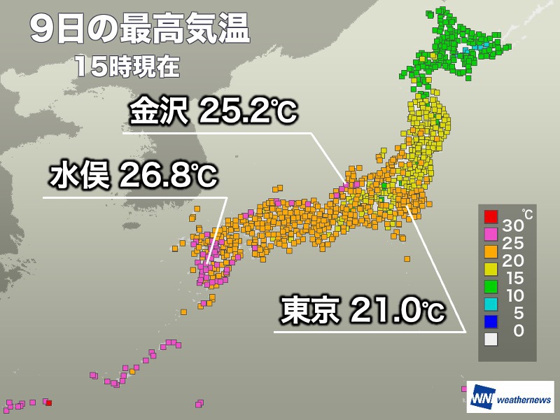 フェーン現象や暖気で再び夏日に　明日は雨で気温は右肩下がり