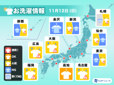 11月12日(日)の洗濯天気予報　関東以北や日本海側は部屋干し推奨