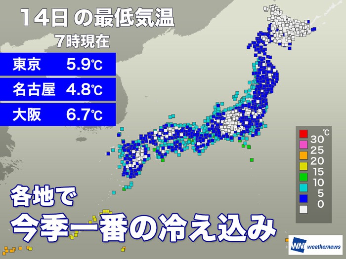 名古屋は5℃未満 東京も今季最低気温を更新　今朝は各地で冷え込み強まる