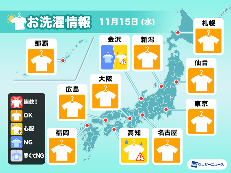 11月15日(水)の洗濯天気予報 北日本は久々に外干しOK