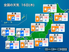 明日16日(木)の天気予報 天気下り坂　西日本は段々と雨が降り出す