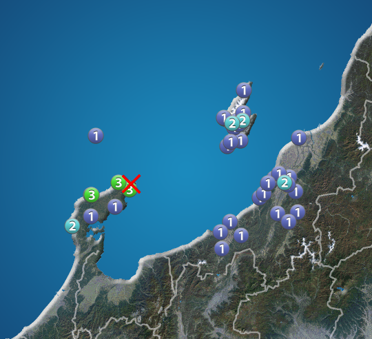 石川県で震度3の地震発生