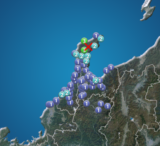 石川県で震度3の地震発生