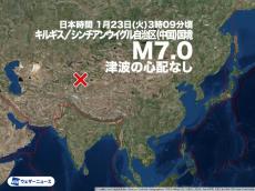 中央アジアでM7.0の地震　山岳部でかなり強い揺れか