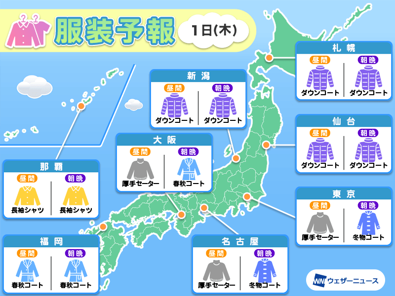 2月1日(木)　各地の気温変化と最適な服装