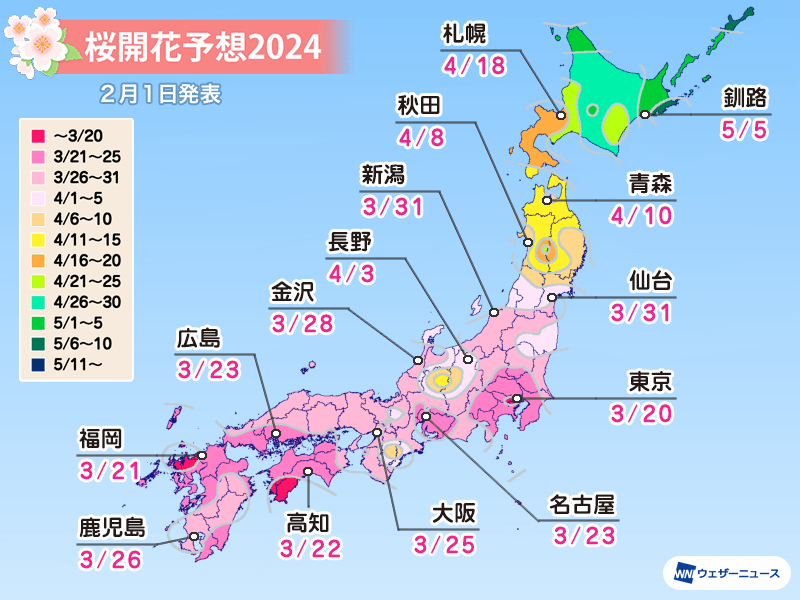 桜開花予想2024　全国トップは東京で3月20日　関東以北は平年より早い予想