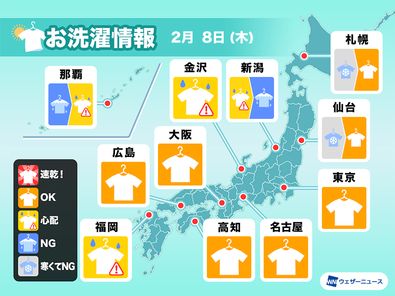 2月8日(木)の洗濯天気予報　関東など太平洋側は広く外干しOK