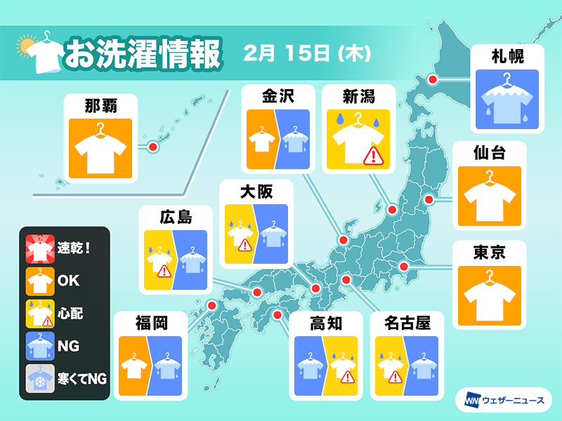 2月15日(木)の洗濯天気予報　関東は外干しOKも　強風対策を