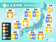 2月20日(火)の洗濯天気予報　全国的に部屋干しが安心