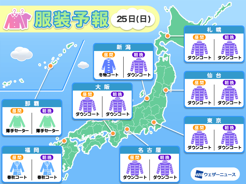 2月25日(日)　各地の気温変化と最適な服装