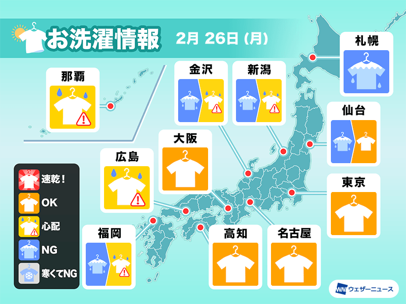 2月26日(月)の洗濯天気予報　太平洋側は外干しOKなところ多い