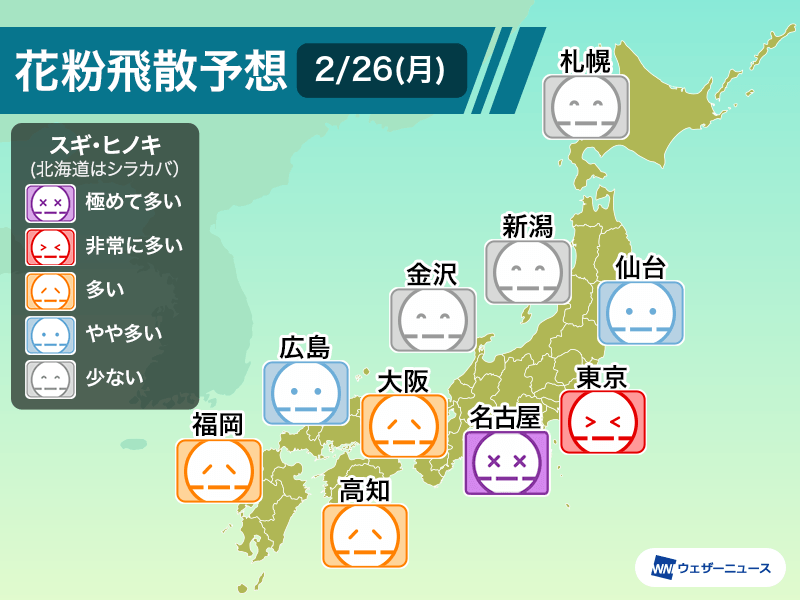 関東や東海で今日は花粉大量飛散のおそれ　花粉症の方は万全な対策を