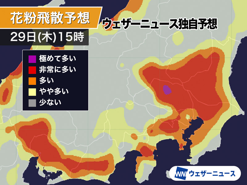 今日も関東や東海はスギ花粉が非常に多く飛散する予想　万全な対策を