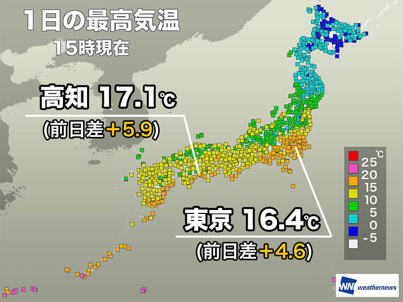 東京都心は10日ぶりに15℃超える　明日は寒気南下し冬の寒さ
