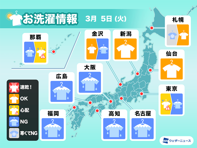 3月5日(火)の洗濯天気予報　関東から西は雨で部屋干しに