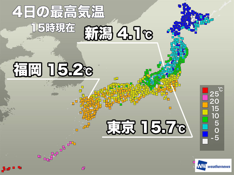 東京や福岡などで15℃前後まで気温上昇　明日は雨で昼間も寒い