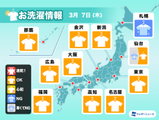 3月7日(木)の洗濯天気予報　外干しOKのところが多い