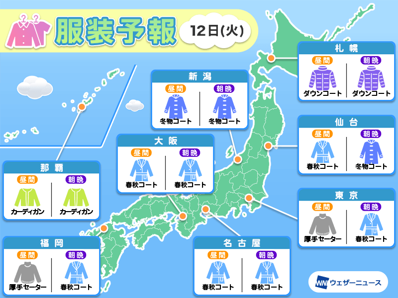 3月12日(火)　各地の気温変化と最適な服装