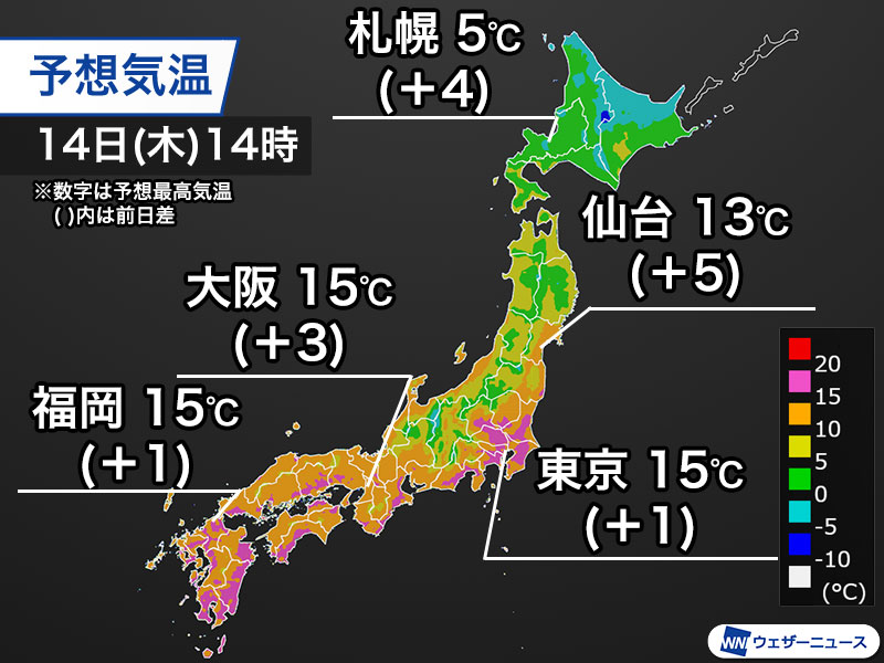 今日は関東から西の広範囲で15℃超の暖かさ　一日の気温変化に注意