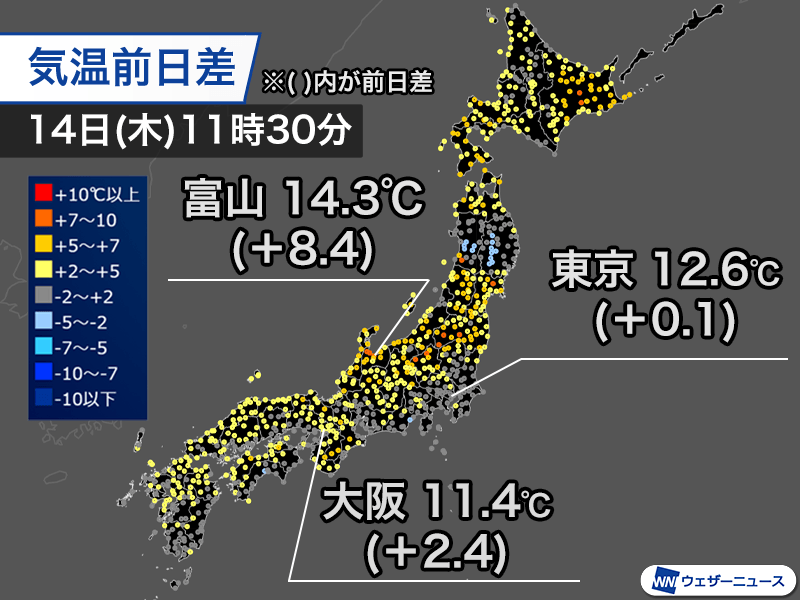 全国的に昨日よりも気温上昇　風が弱まり暖かさが増す