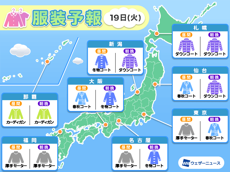 3月19日(火)　各地の気温変化と最適な服装