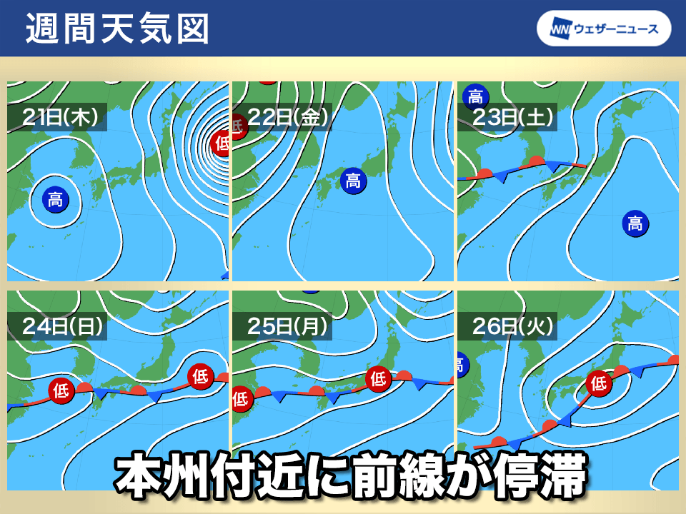 週末から来週はじめは前線停滞　雨が続き強まるタイミング