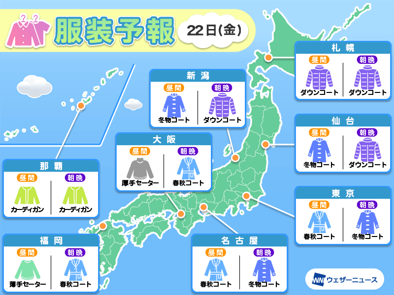 3月22日(金)　各地の気温変化と最適な服装