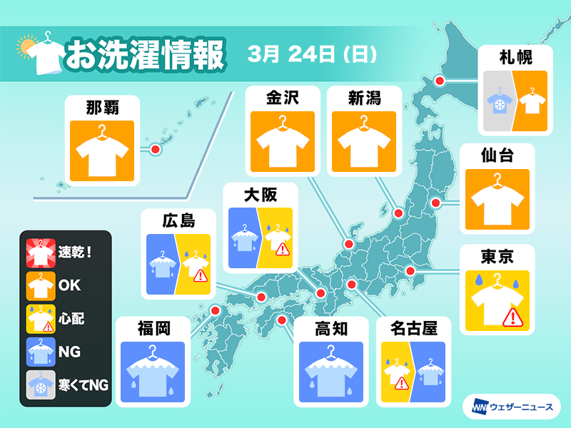 3月24日(日)の洗濯天気予報　西日本や東海は部屋干し推奨