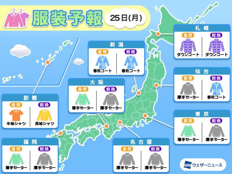 3月25日(月)　各地の気温変化と最適な服装