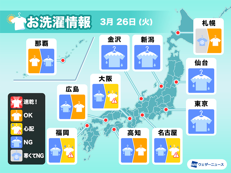 3月26日(火)の洗濯天気予報　全国的に部屋干し推奨