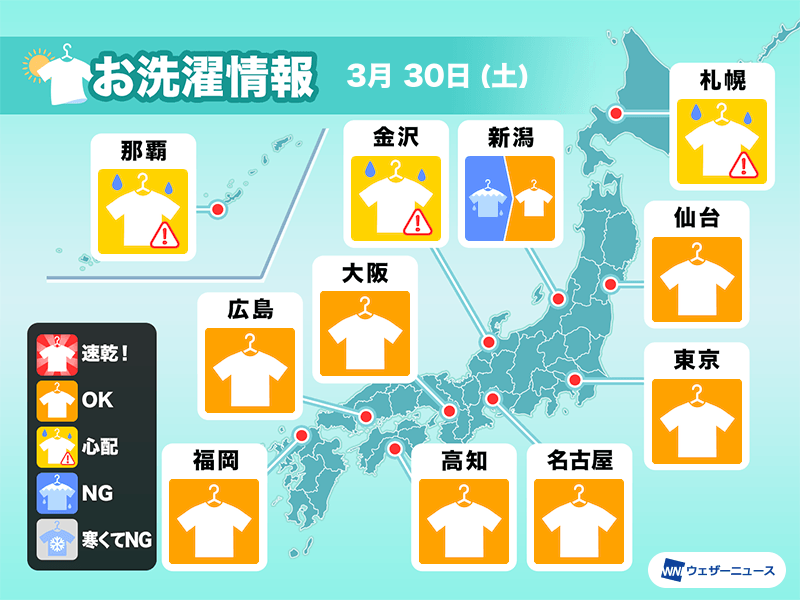 3月30日(土)の洗濯天気予報　外干し可能も黄砂に注意