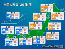 明日29日(月)の天気予報　昭和の日は西から雨の範囲が拡大　関東や北日本は日差し届く