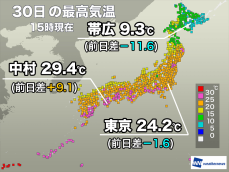 夏日地点減少し東京は3日ぶりに25℃届かず　明日はさらに気温が下がる予想