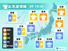 5月1日(水)の洗濯天気予報　東日本や西日本は外干しには不向きな空