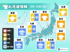 5月12日(日)の洗濯天気予報　関東甲信、東北は外干し可能