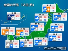 今日13日(月) 東日本、北日本は雨風強まる