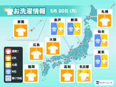 5月20日(月)の洗濯天気予報　西日本は外干し日和