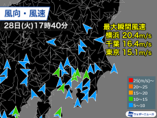 関東で風が強まり東京、横浜でも15m/s超　活発な雨雲が西から広がる