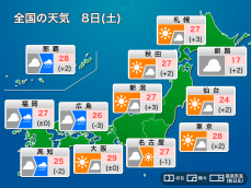 今日8日(土)の天気予報　近畿から北日本は晴れて暑い　九州は雨が段々と降り出す