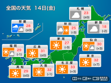 今日14日(金)の天気予報　東京など広範囲で真夏日予想　沖縄は雨警戒