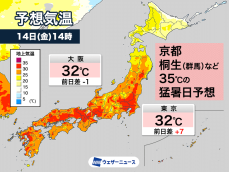 京都などで35℃の猛暑日予想　東京も真夏日へ　梅雨入り前一番の暑さか