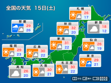 明日15日(土)の天気予報　九州や四国で梅雨空　東日本や北日本は日差し届く所が多い