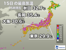 今日は北陸で35℃以上の猛暑日　明日は西日本から関東が暑さの中心