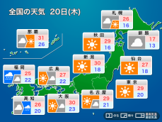 明日20日(木)の天気予報　九州や四国は雨で強く降る所も　東日本や東北は晴天続く
