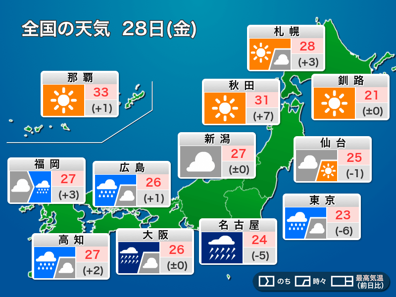 今日28日(金)の天気予報　東海〜九州の各地で激しい雨に警戒