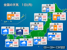 今日7月1日(月)の天気予報　広範囲で雨　東海・北陸〜九州で激しい雨のおそれ
