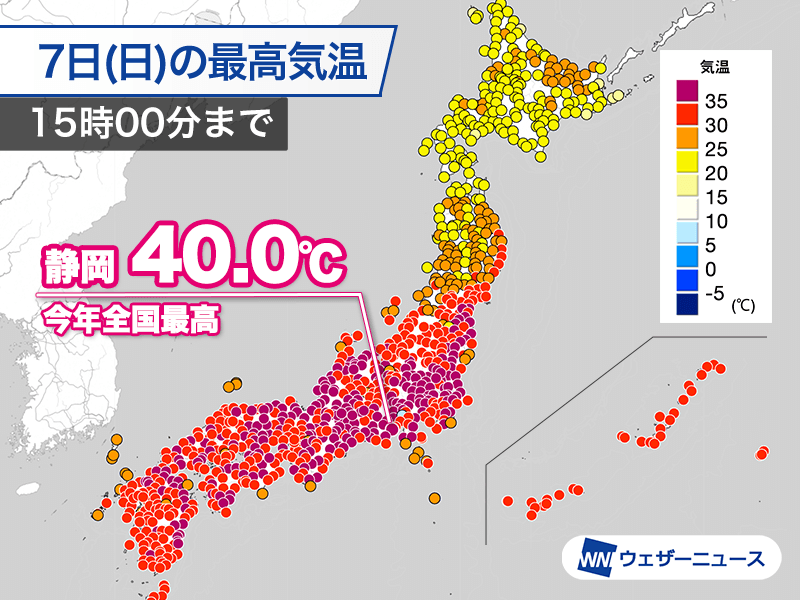 静岡で今年全国最高の40℃　全国の猛暑日地点数も今年最多を更新