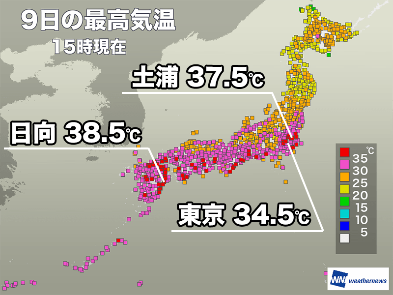 関東から九州で体温超えの厳しい暑さ　猛暑日地点は5日ぶりに100地点未満